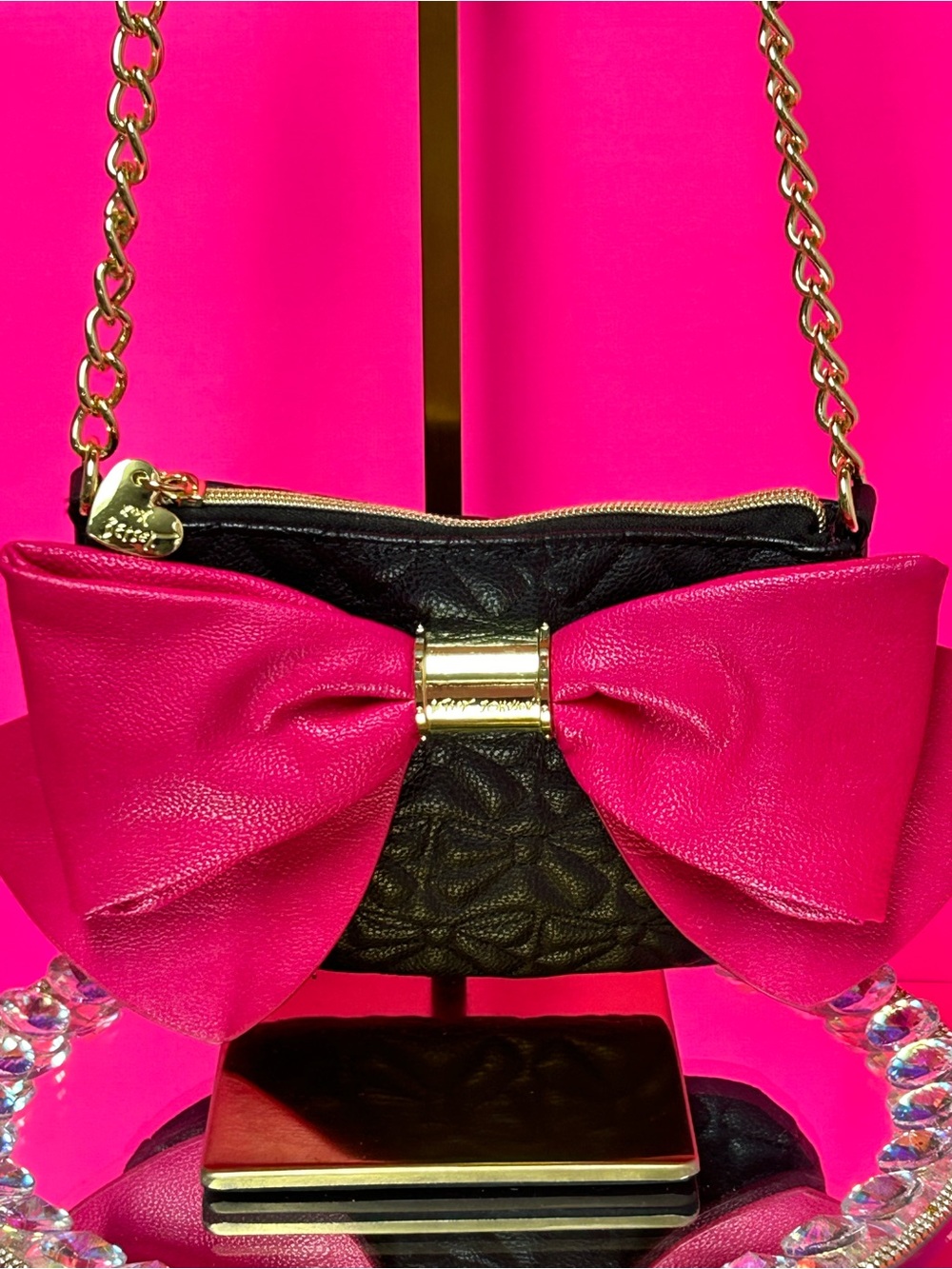 Betsey Johnson Black & Hot Pink Quilted Bow Crossbody Bag - Gold Chain Accent
